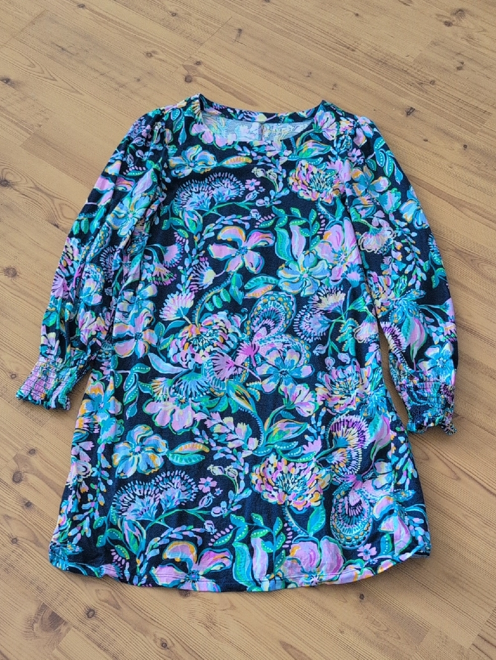 Lilly Pulitzer Navy Floral Scoop Neck Dress with Pink & Teal Accents